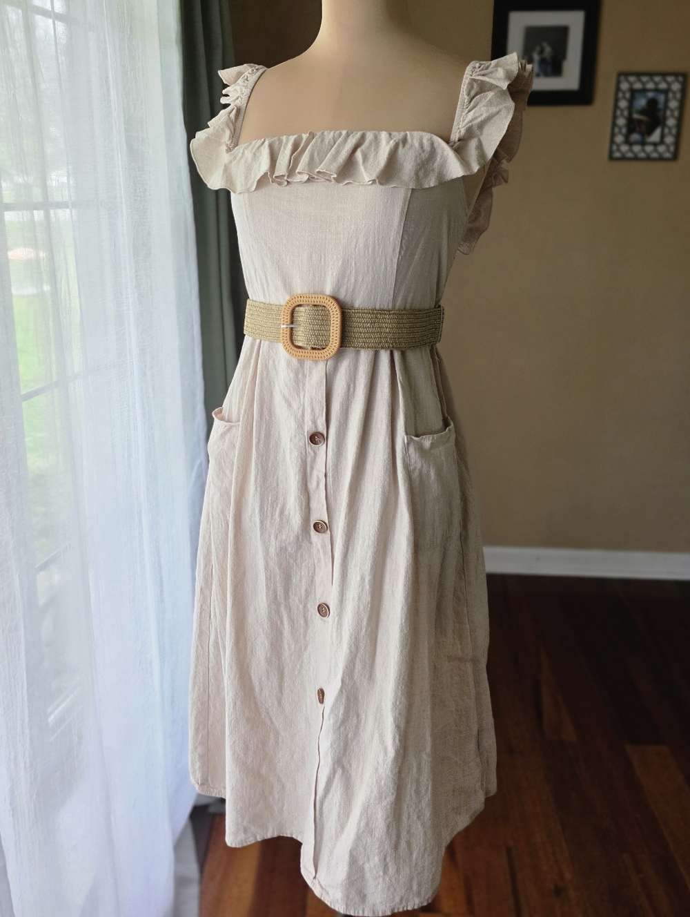 Cupshe 100% Cotton Midi Dress Oatmeal Ruffle‎ Square Neck Cottagecore Belt M
